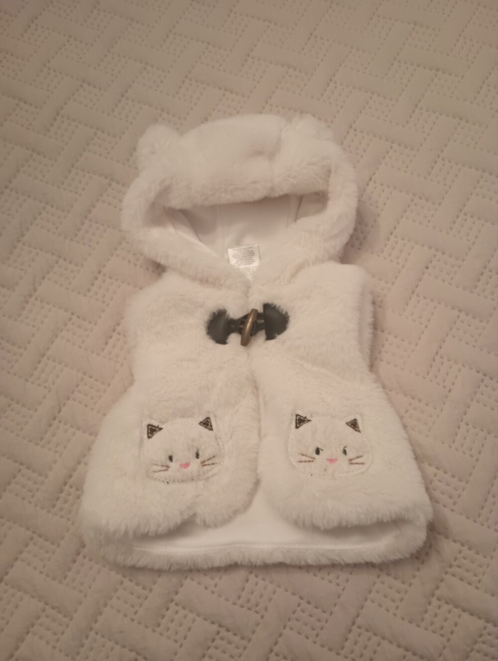 Kids Little Lass White Faux Fur Hooded Vest with Cat Faces 3/6M